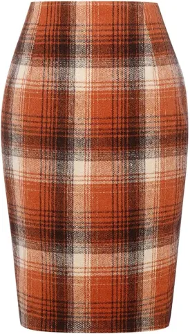Mywinway Plaid Skirts for Women 2024 Fall Winter Knee Length Wool Pencil Skirt
