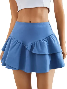 Pasgreson Women's Low Rise Mini Skirts Y2k Pleated Denim Skirt Layered Ruffle Hem Flowy A-line Short Lingerie Skirt