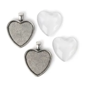 Picture Frame Pendants - Heart, Antiqued Imitation Silver, for 30mm Pictures - Set of Two