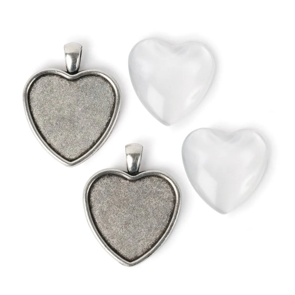 Picture Frame Pendants - Heart, Antiqued Imitation Silver, for 30mm Pictures - Set of Two