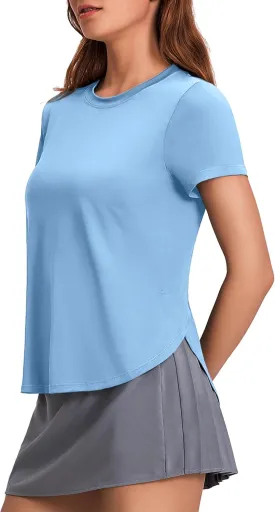 PINSPARK Workout Tops for Women UPF 50  Yoga Shirts Short Sleeve Athletic Tops with Side Slits Running Gym Tee Top Loose Fit