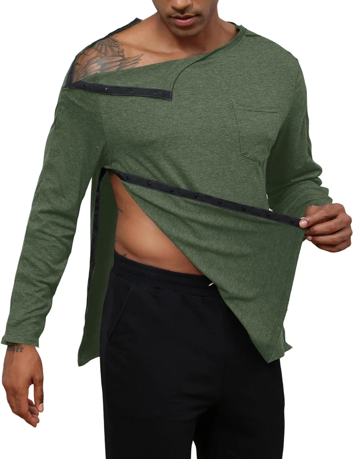 Poriff Unisex Post Shuolder Surgery Shirts for Recovery Full Tear Away Snap Long Sleeve Men Chemo Port Shirts for Women