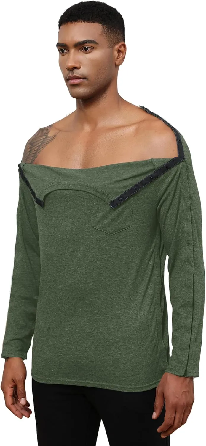 Poriff Unisex Post Shuolder Surgery Shirts for Recovery Full Tear Away Snap Long Sleeve Men Chemo Port Shirts for Women