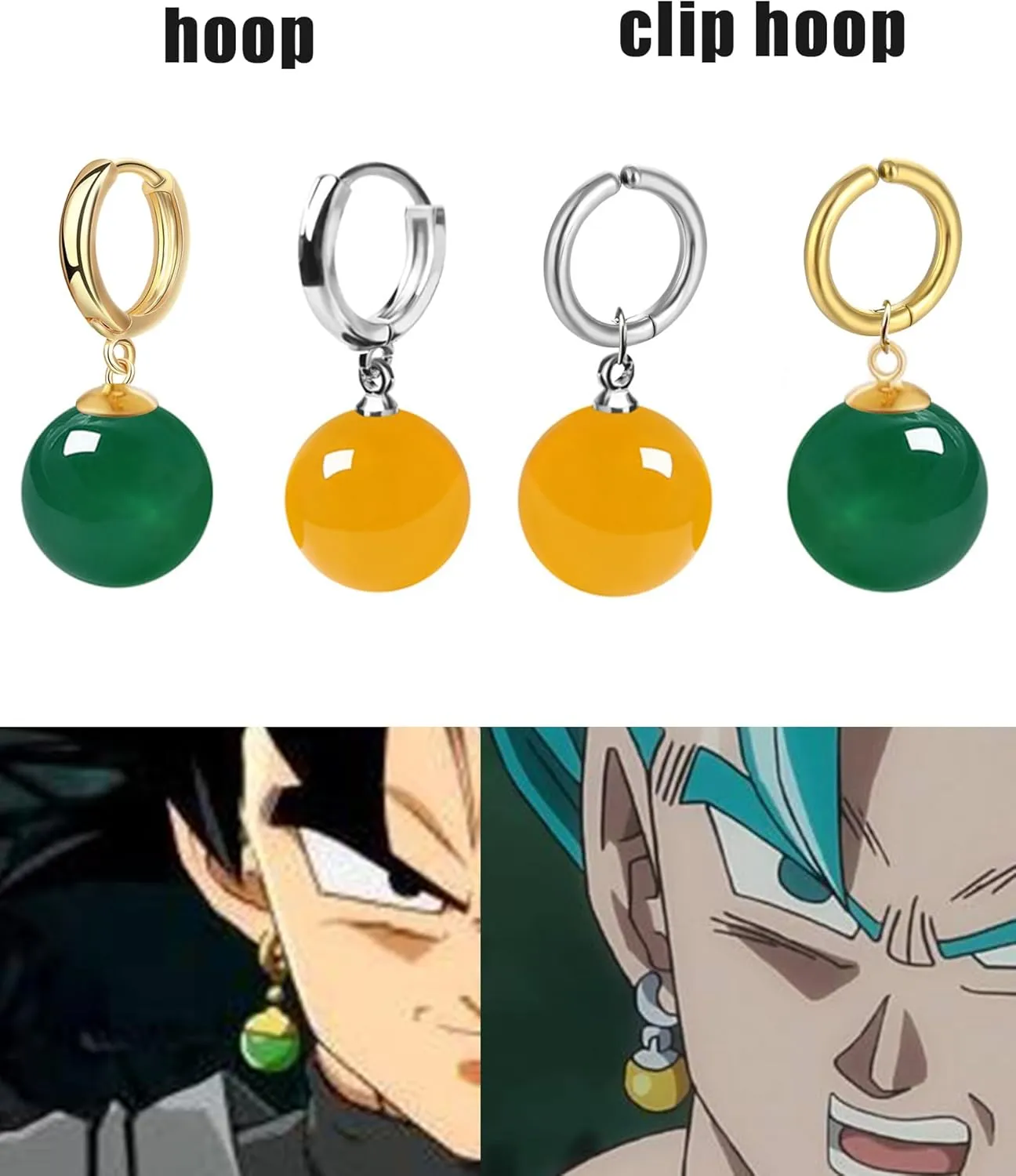 Potara Ball Anime Dragon Earrings Goku Z Black Nickel Free Clip On Nature Crystal Hoop Hypoallergenic for Men Women (Green long)