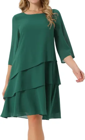 Seta T Women's Chiffon Dresses 3/4 Bell Sleeve Crewneck Tiered Layered Flowy Dress Party Wedding Outfits