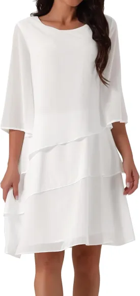 Seta T Women's Chiffon Dresses 3/4 Bell Sleeve Crewneck Tiered Layered Flowy Dress Party Wedding Outfits