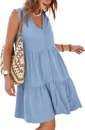 Simplee Women’s Sleeveless Linen Summer Dress Casual Button Down Mini Dress Flowy Beach Sundress with Pockets