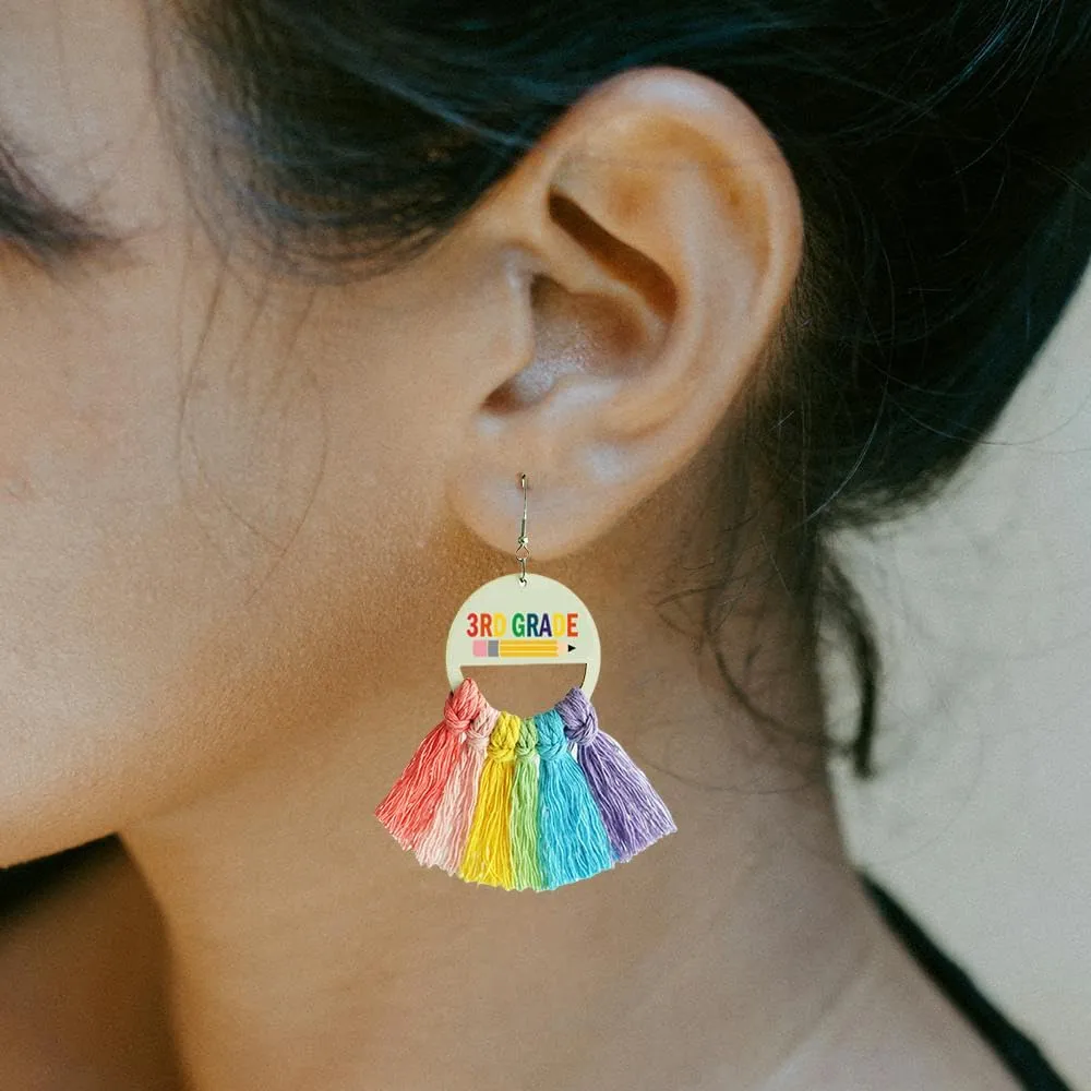 Teacher Earrings Back to School Teacher Earrings for Women First Day of School Earring Colorful Tassel Earrings for Teacher Students Handmade Woven Tassel Dorp Earrings