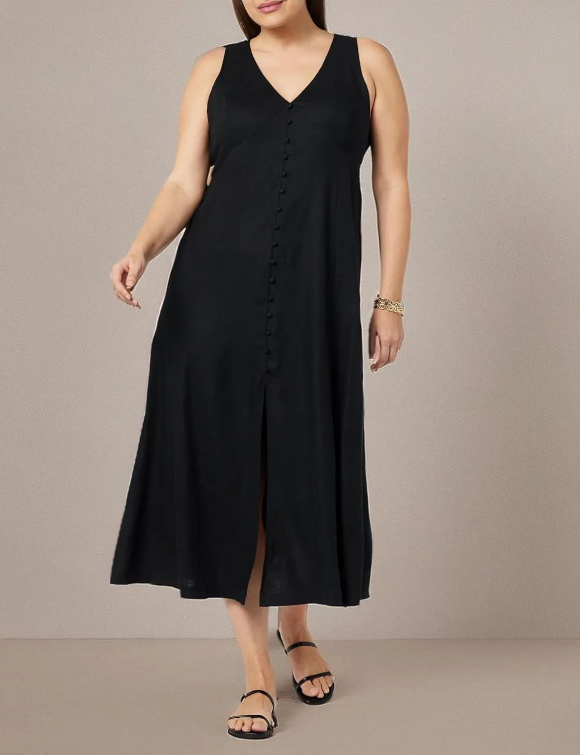 The Drop Women's Blanca Linen Button-Front V-Neck Maxi Dress