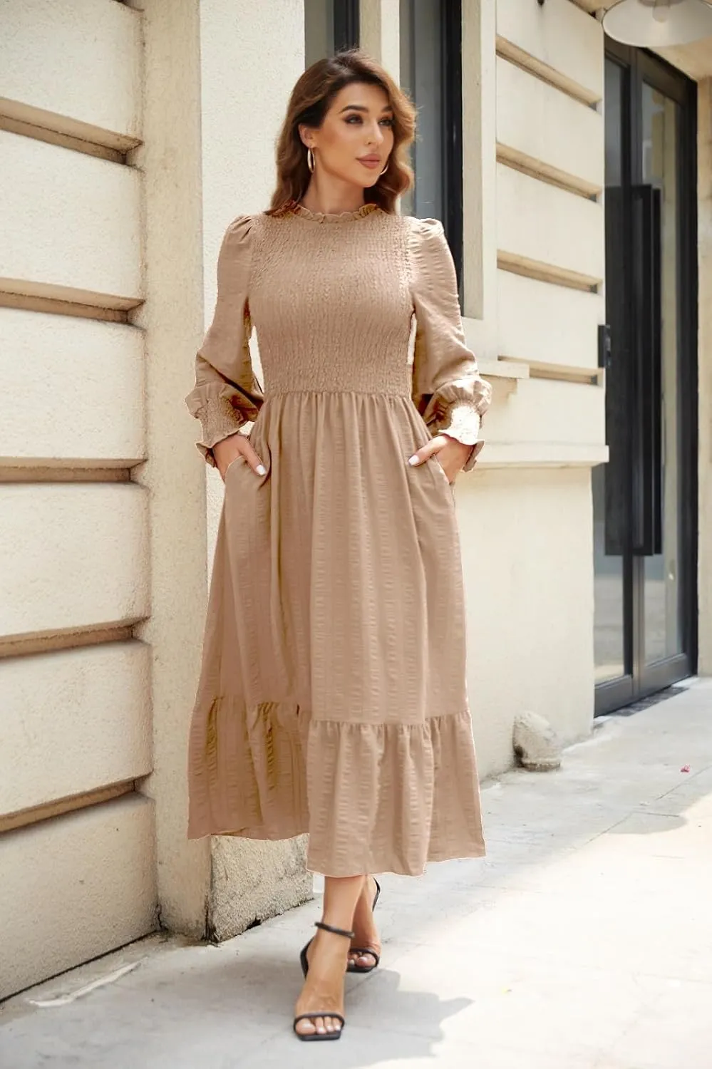 Women's 2025 Spring Fall Midi Dress Casual Long Sleeve Crew Neck Smocked Tiered Long Flowy Dresses with Pockets