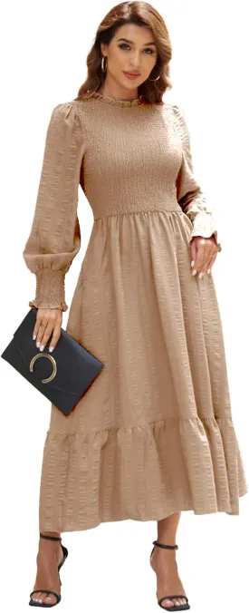 Women's 2025 Spring Fall Midi Dress Casual Long Sleeve Crew Neck Smocked Tiered Long Flowy Dresses with Pockets