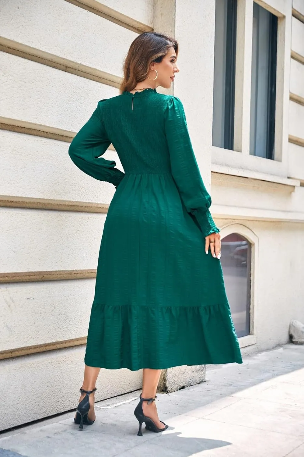 Women's 2025 Spring Fall Midi Dress Casual Long Sleeve Crew Neck Smocked Tiered Long Flowy Dresses with Pockets