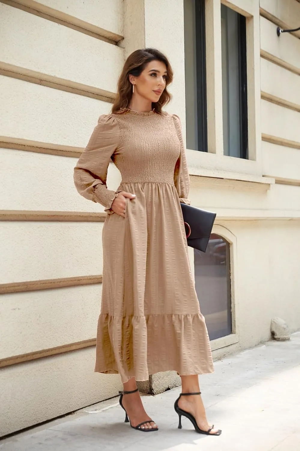 Women's 2025 Spring Fall Midi Dress Casual Long Sleeve Crew Neck Smocked Tiered Long Flowy Dresses with Pockets