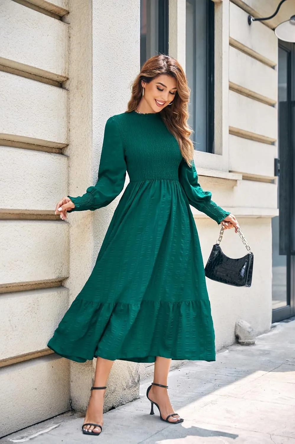 Women's 2025 Spring Fall Midi Dress Casual Long Sleeve Crew Neck Smocked Tiered Long Flowy Dresses with Pockets