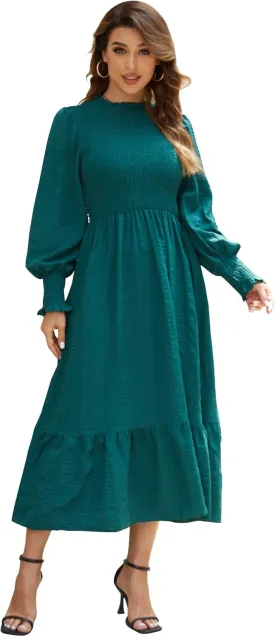 Women's 2025 Spring Fall Midi Dress Casual Long Sleeve Crew Neck Smocked Tiered Long Flowy Dresses with Pockets