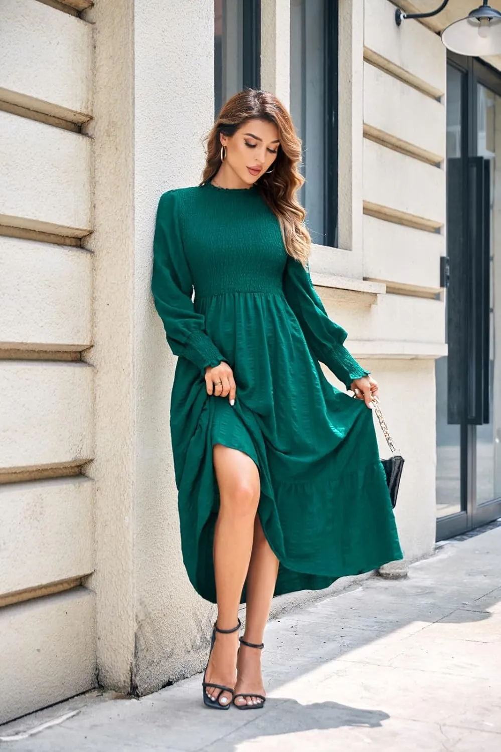 Women's 2025 Spring Fall Midi Dress Casual Long Sleeve Crew Neck Smocked Tiered Long Flowy Dresses with Pockets