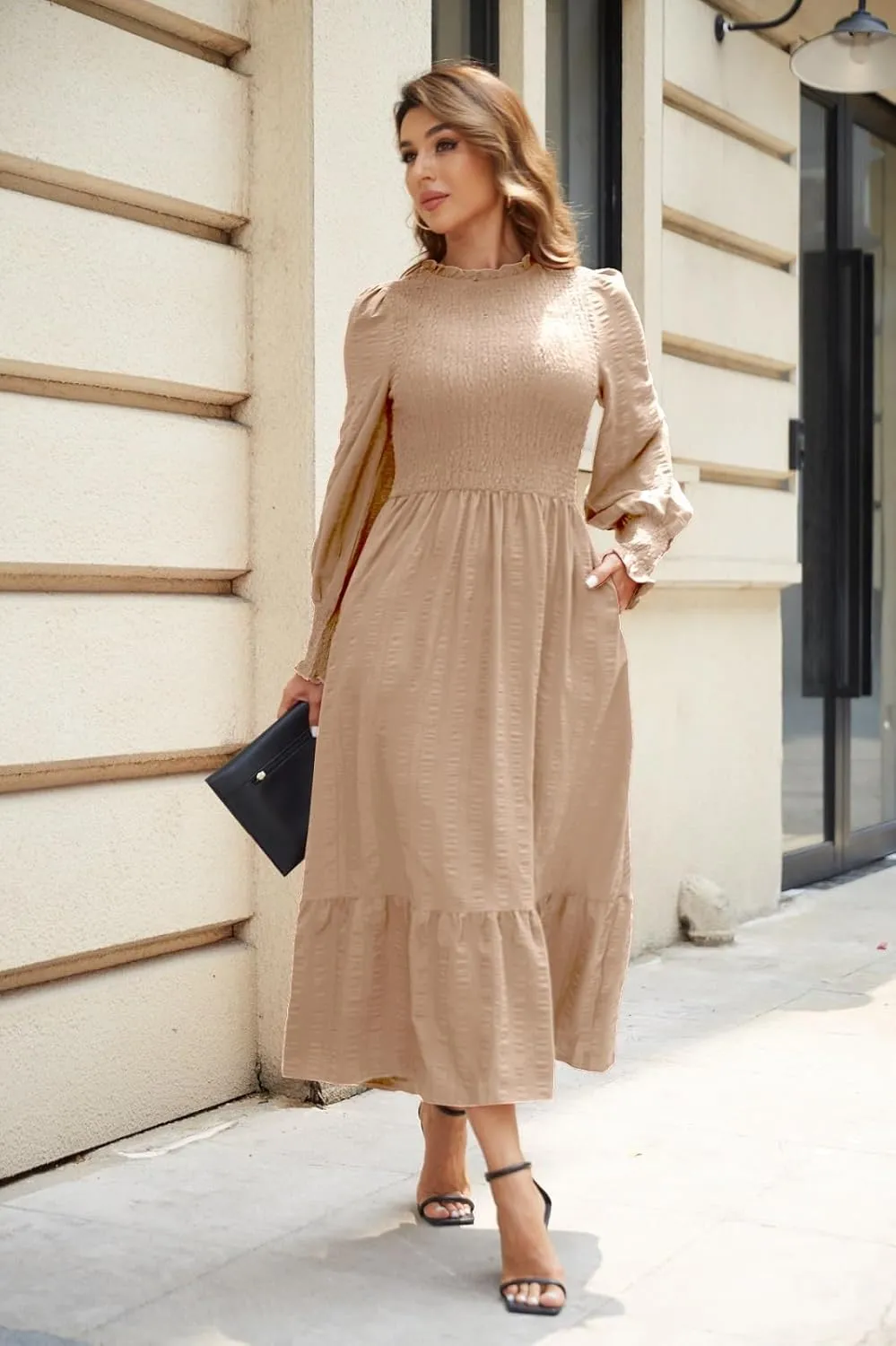 Women's 2025 Spring Fall Midi Dress Casual Long Sleeve Crew Neck Smocked Tiered Long Flowy Dresses with Pockets