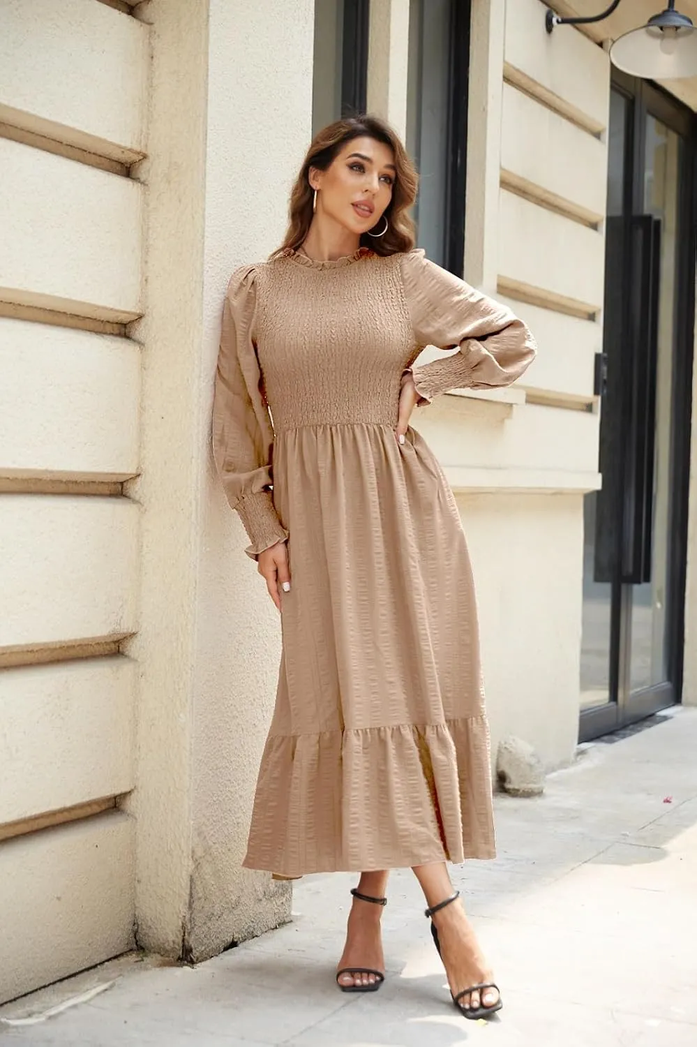 Women's 2025 Spring Fall Midi Dress Casual Long Sleeve Crew Neck Smocked Tiered Long Flowy Dresses with Pockets