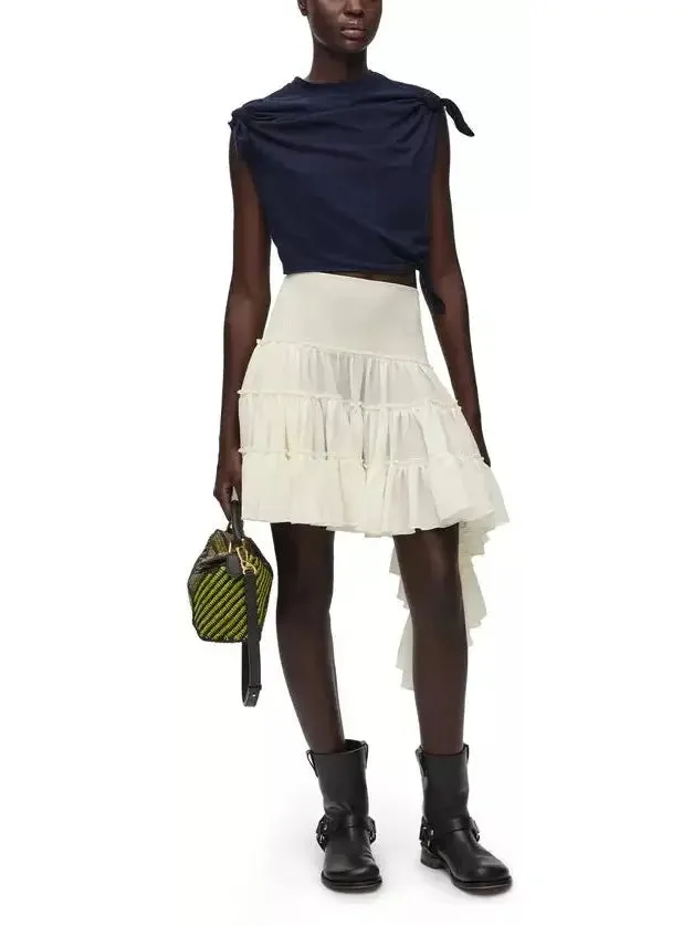Women’s Asymmetric Ruffle Tiered Mini Skirt in Cream