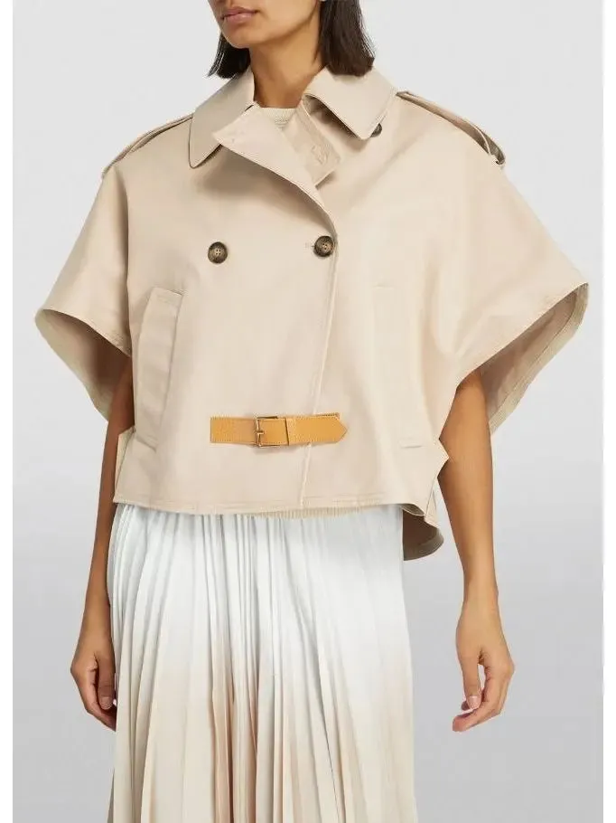 Women’s Beige Short-Sleeve Trench Jacket with Buckled Leather Belt Tab