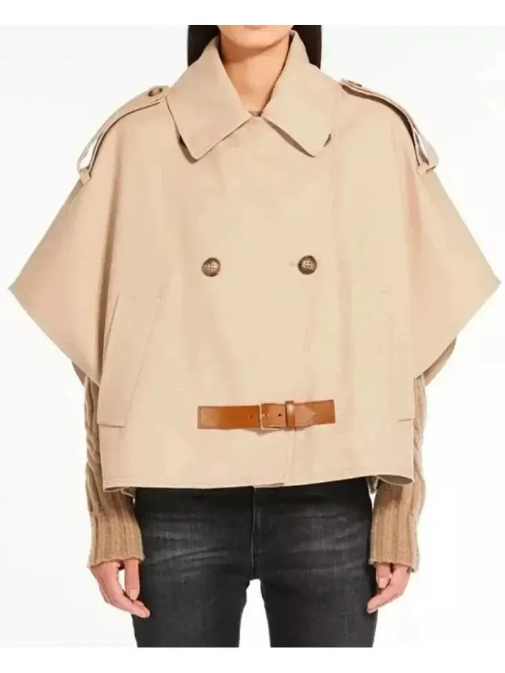 Women’s Beige Short-Sleeve Trench Jacket with Buckled Leather Belt Tab