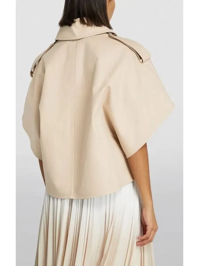 Women’s Beige Short-Sleeve Trench Jacket with Buckled Leather Belt Tab