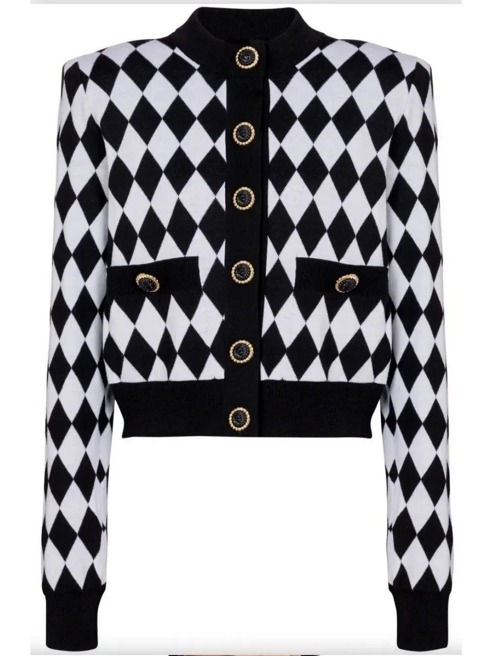 Women’s Black and White Diamond Knit Cardigan Sweater