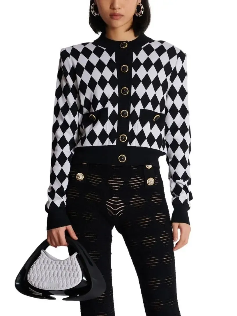 Women’s Black and White Diamond Knit Cardigan Sweater