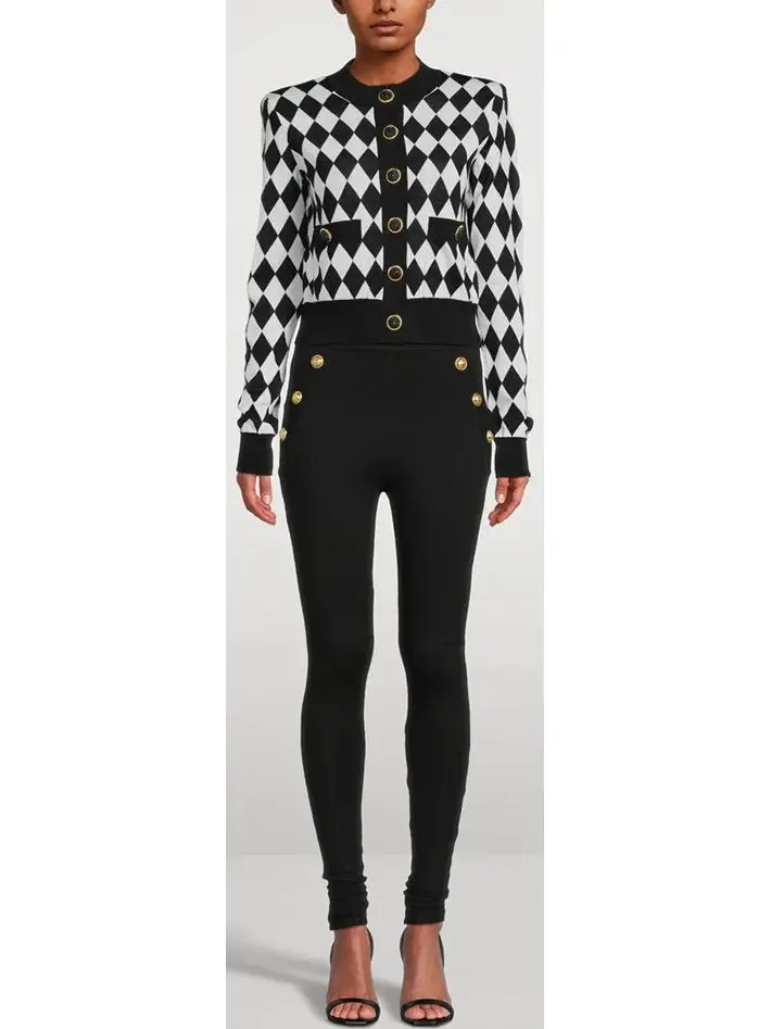 Women’s Black and White Diamond Knit Cardigan Sweater