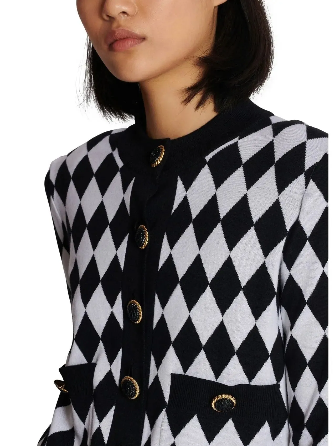Women’s Black and White Diamond Knit Cardigan Sweater