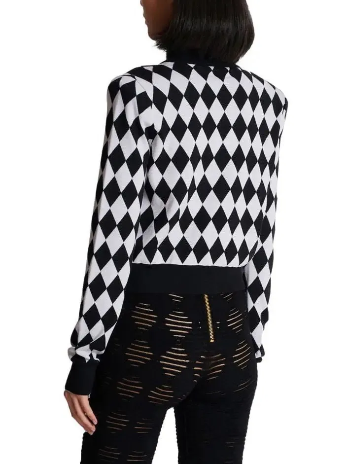 Women’s Black and White Diamond Knit Cardigan Sweater