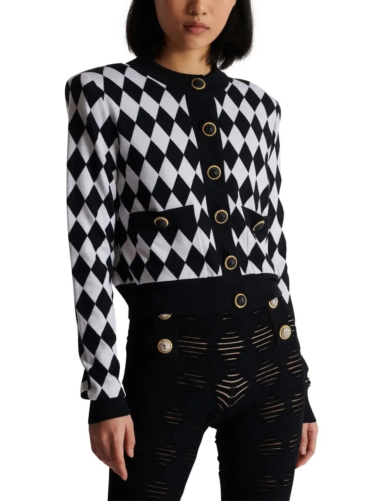 Women’s Black and White Diamond Knit Cardigan Sweater