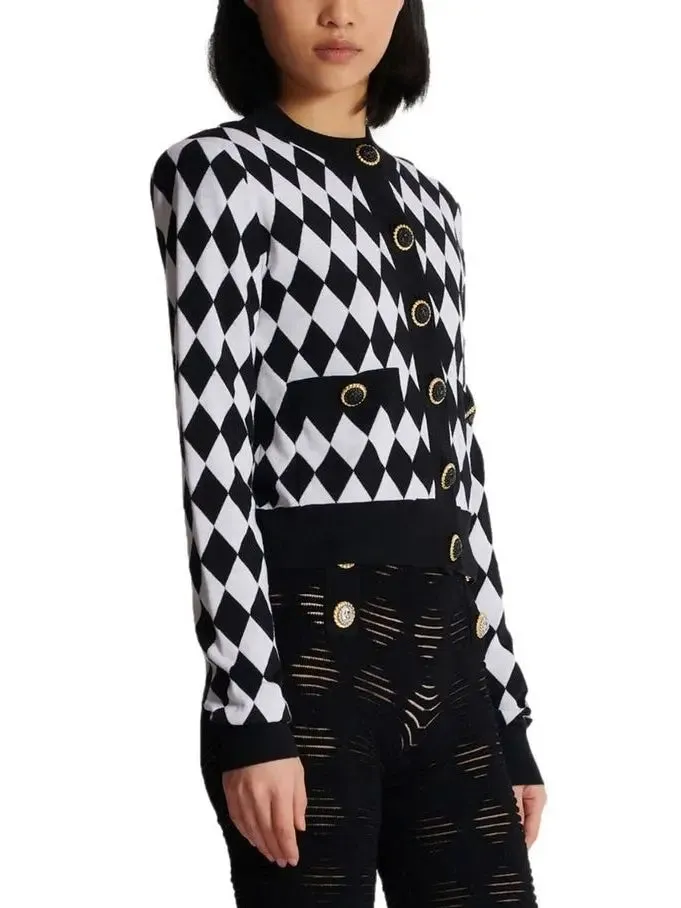 Women’s Black and White Diamond Knit Cardigan Sweater