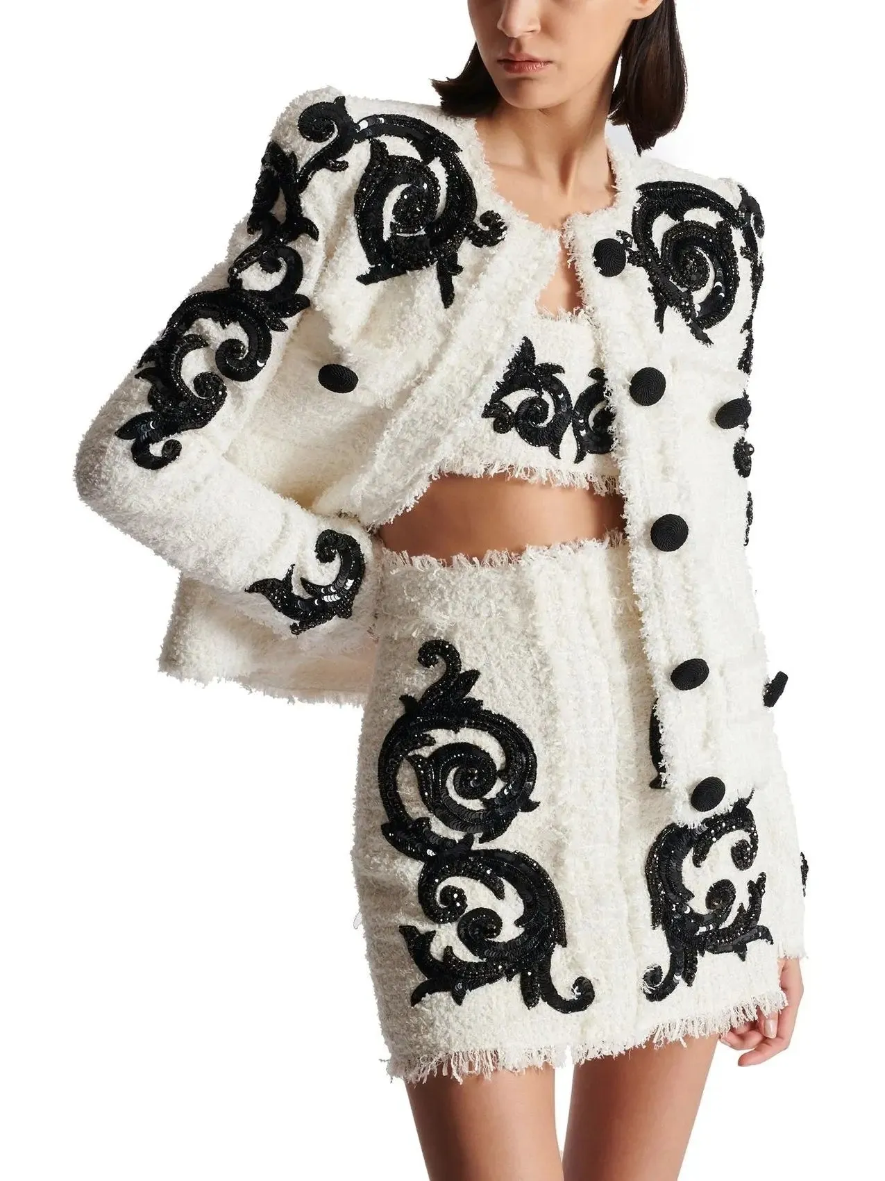 Women’s Black and White Paisley Tweed Jacket with Sequin Embroidery