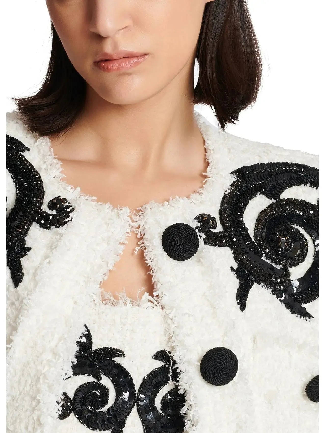 Women’s Black and White Paisley Tweed Jacket with Sequin Embroidery