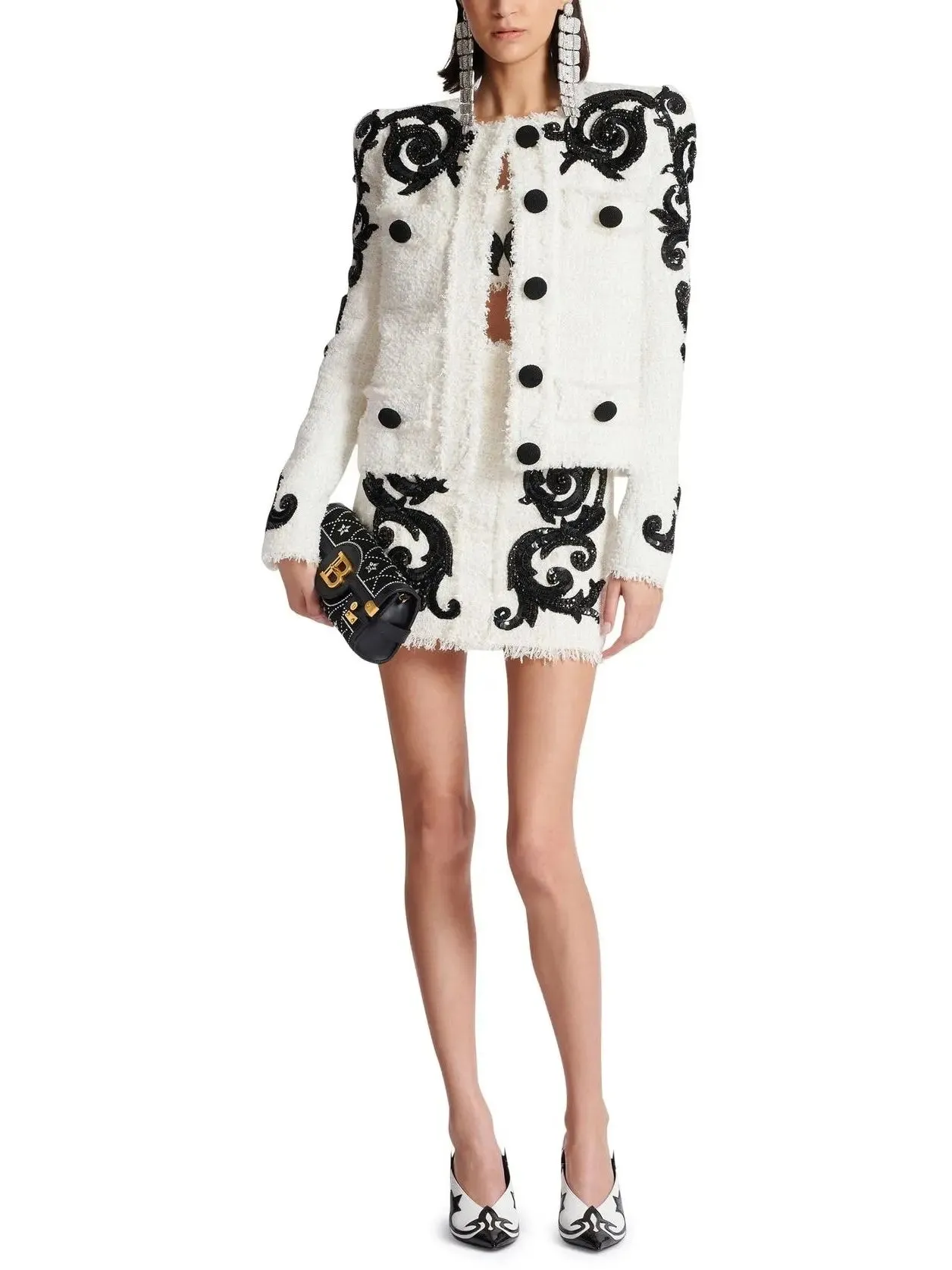 Women’s Black and White Paisley Tweed Jacket with Sequin Embroidery