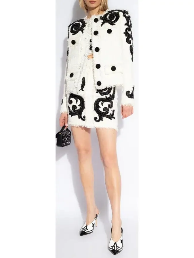 Women’s Black and White Paisley Tweed Jacket with Sequin Embroidery