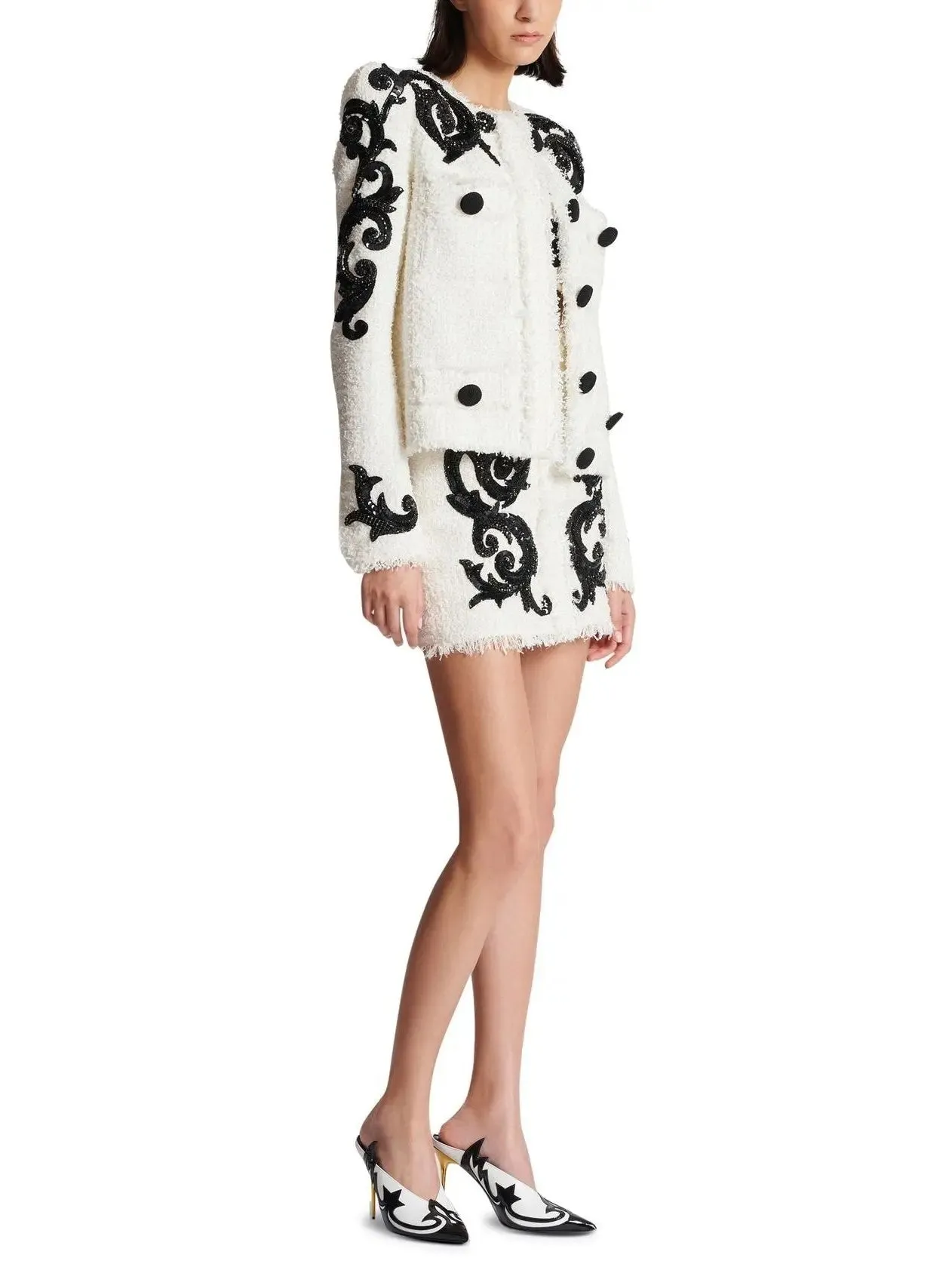 Women’s Black and White Paisley Tweed Jacket with Sequin Embroidery