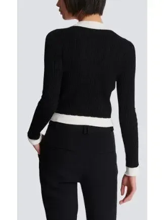 Women’s Black and White V-Neck Knit Cardigan