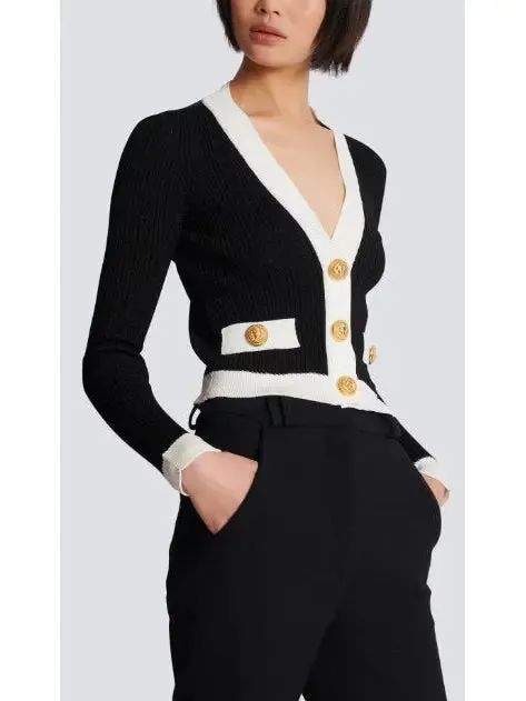 Women’s Black and White V-Neck Knit Cardigan