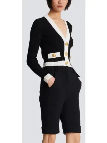 Women’s Black and White V-Neck Knit Cardigan