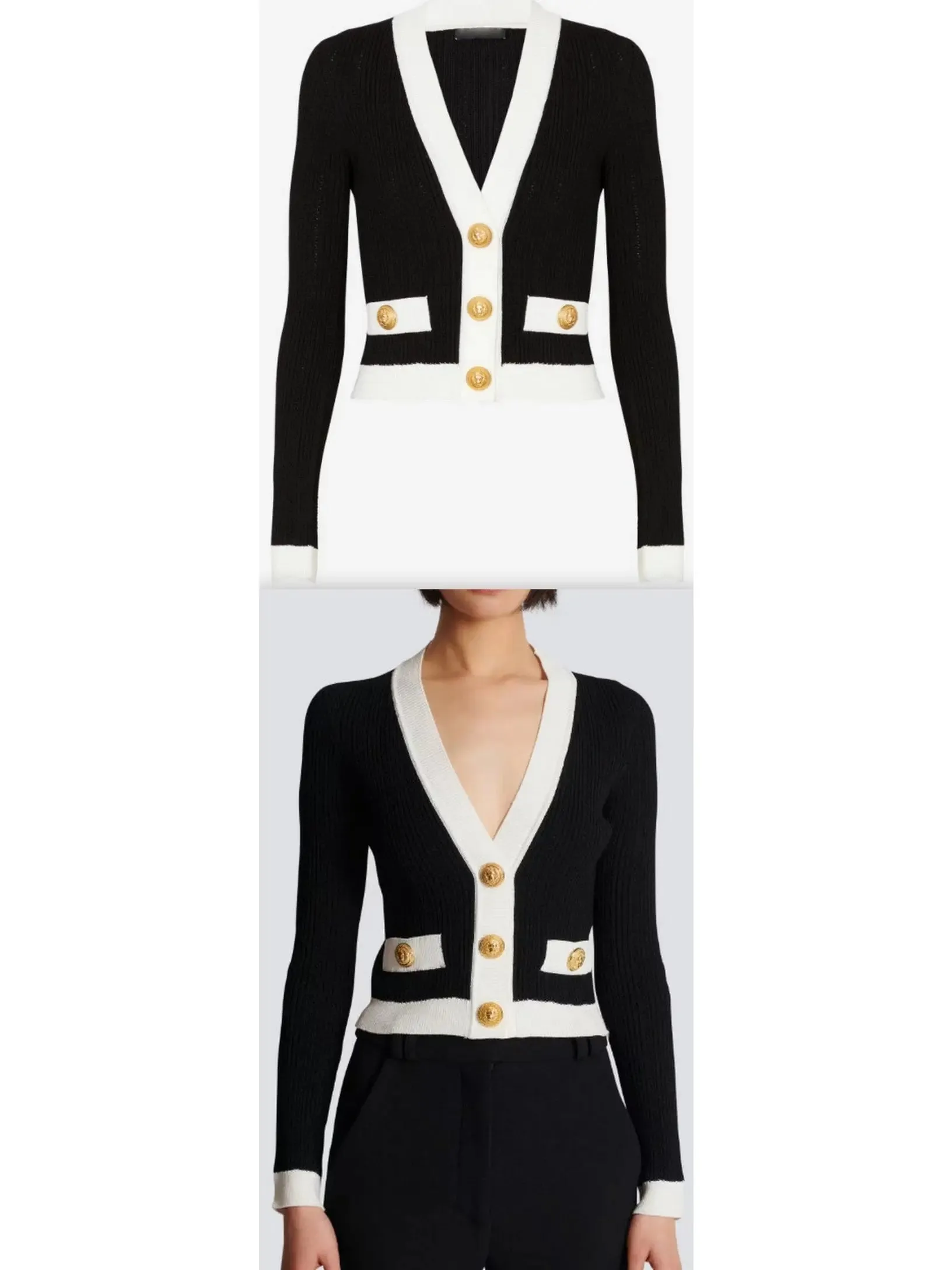 Women’s Black and White V-Neck Knit Cardigan