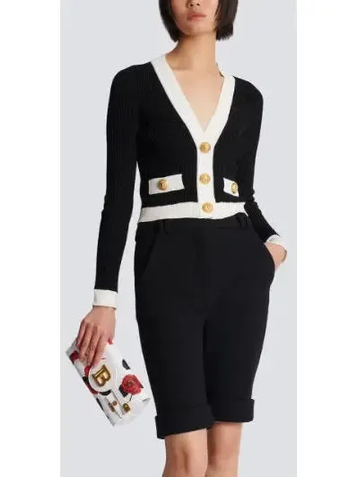 Women’s Black and White V-Neck Knit Cardigan