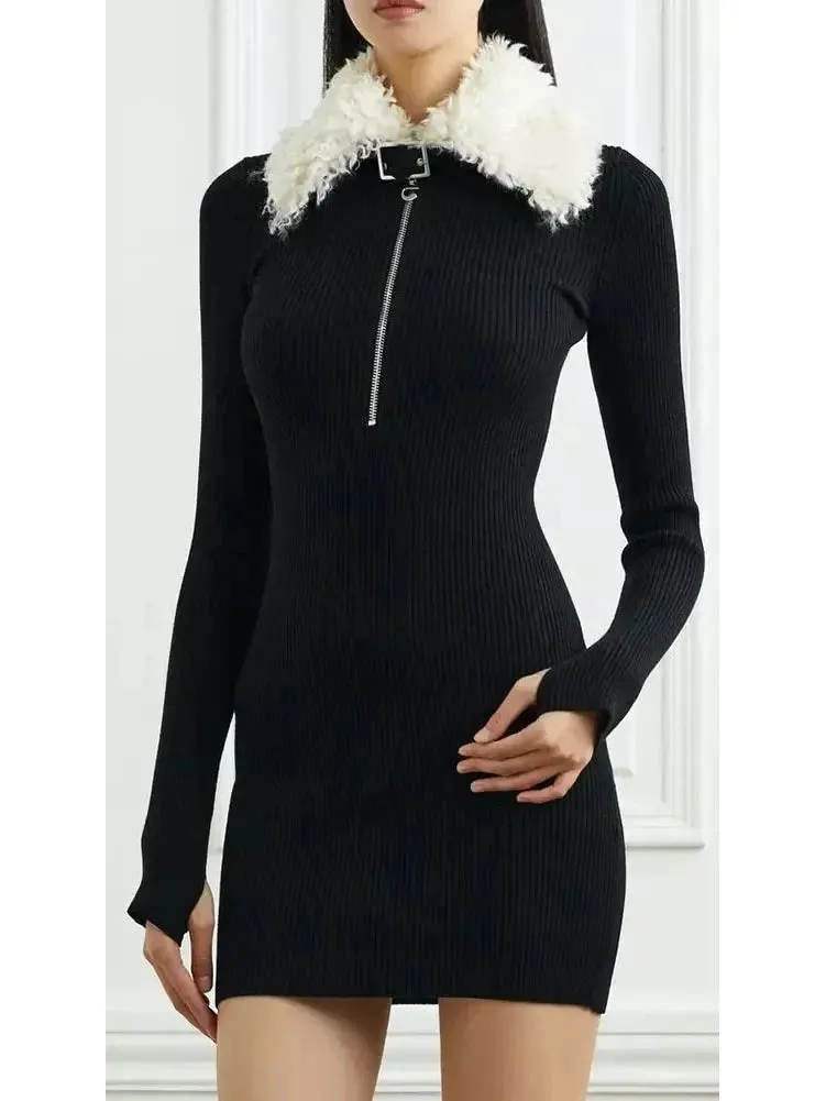 Women’s Black Ribbed Knit Dress with Faux-Fur Collar
