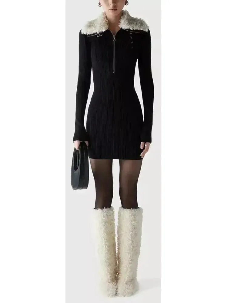 Women’s Black Ribbed Knit Dress with Faux-Fur Collar