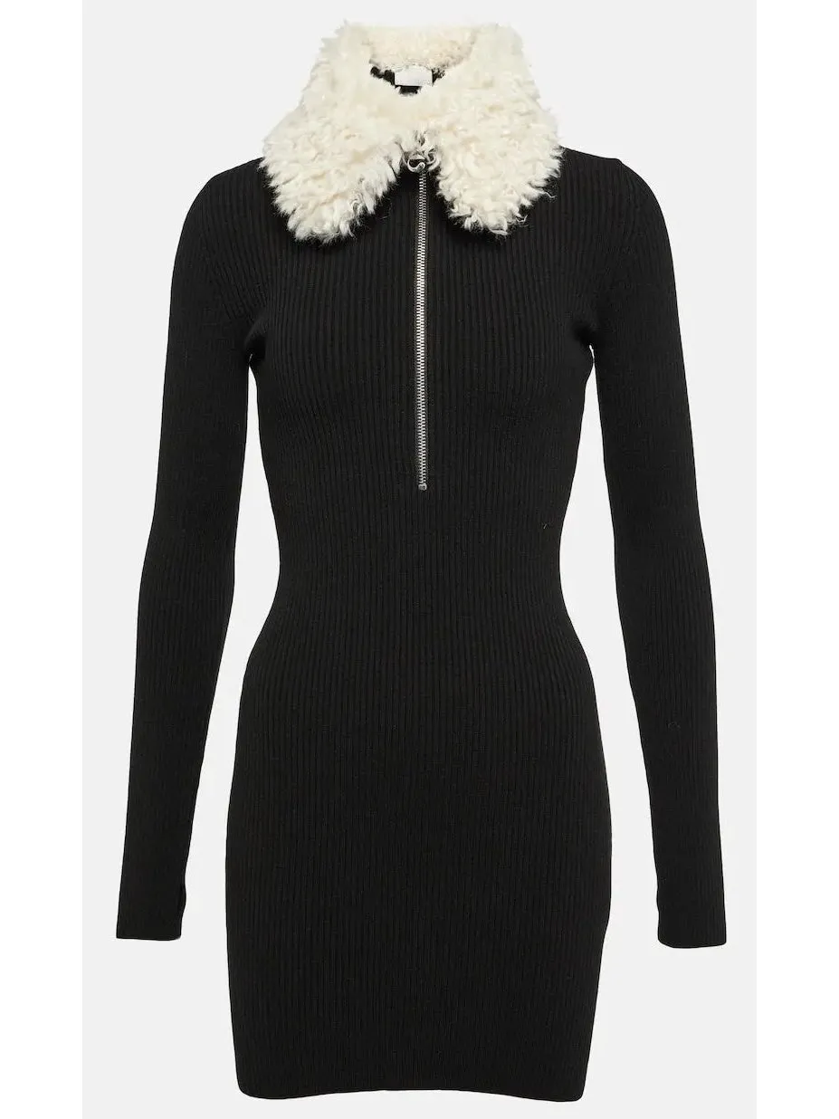 Women’s Black Ribbed Knit Dress with Faux-Fur Collar