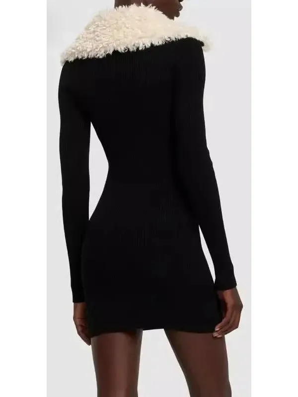 Women’s Black Ribbed Knit Dress with Faux-Fur Collar