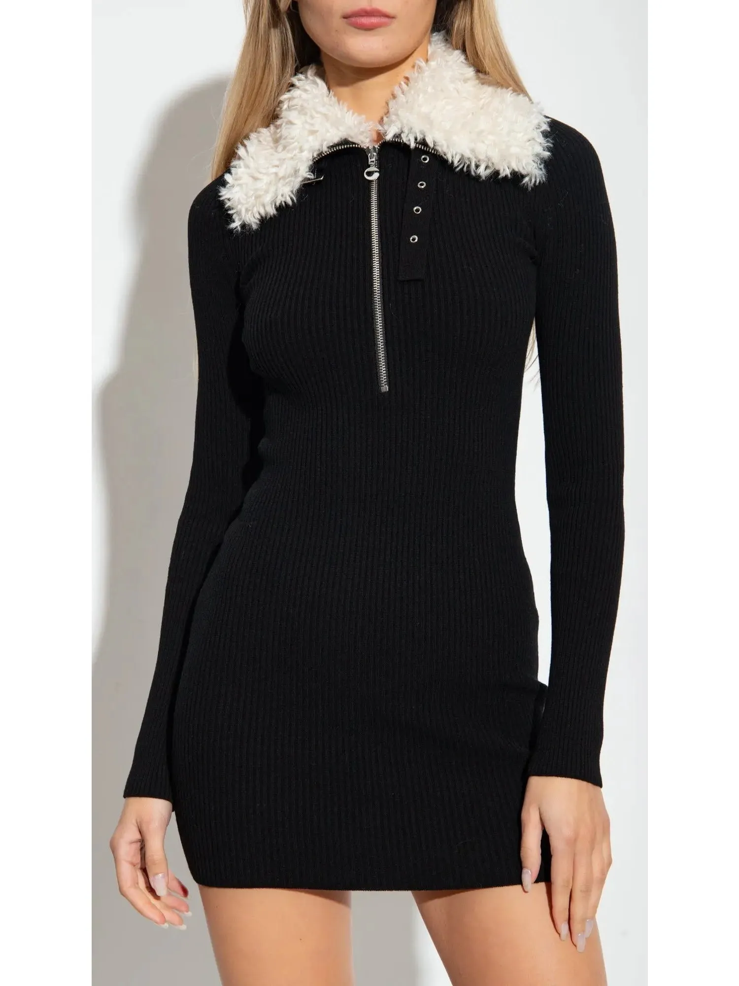 Women’s Black Ribbed Knit Dress with Faux-Fur Collar