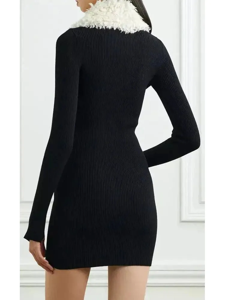 Women’s Black Ribbed Knit Dress with Faux-Fur Collar