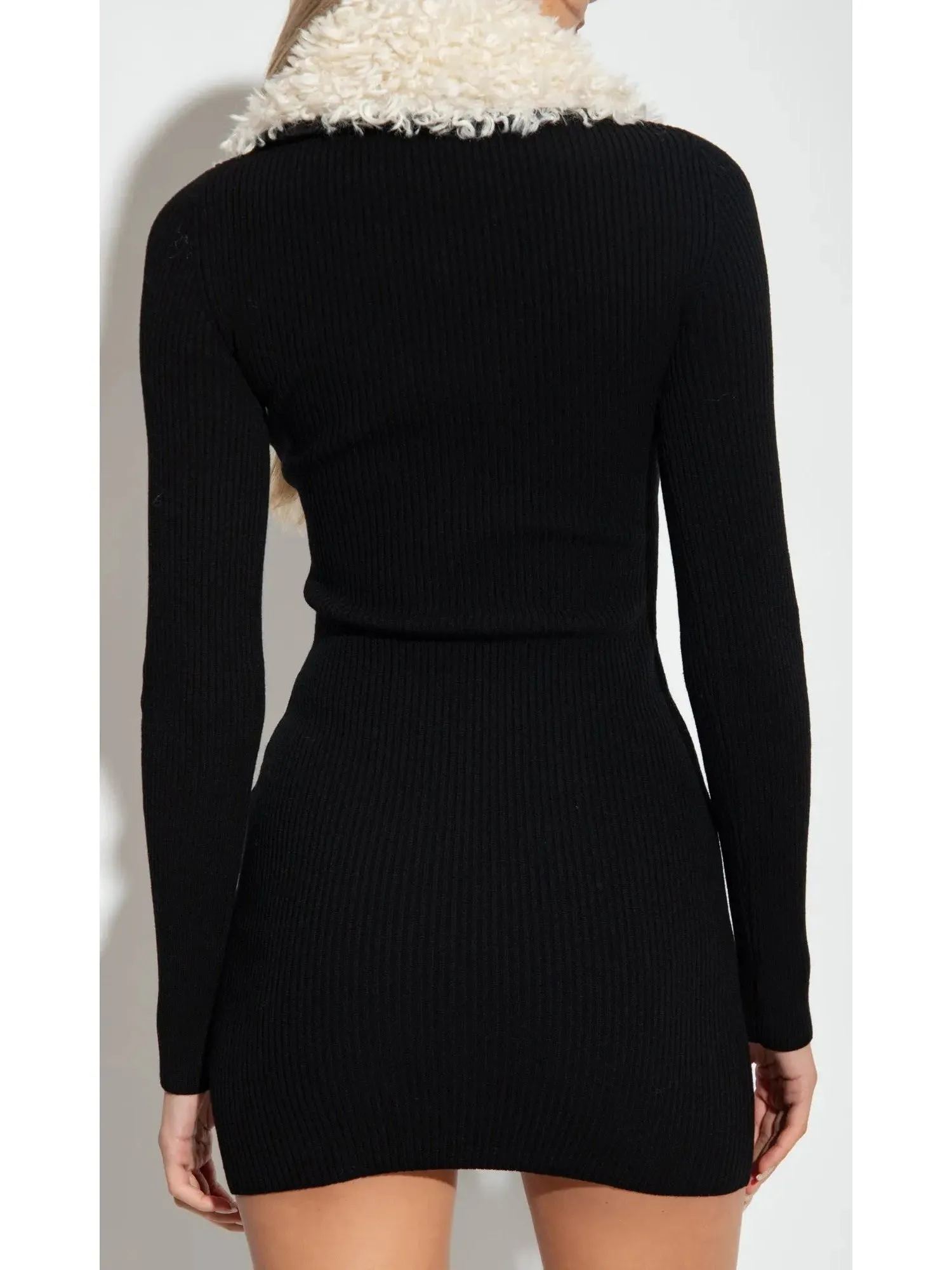 Women’s Black Ribbed Knit Dress with Faux-Fur Collar
